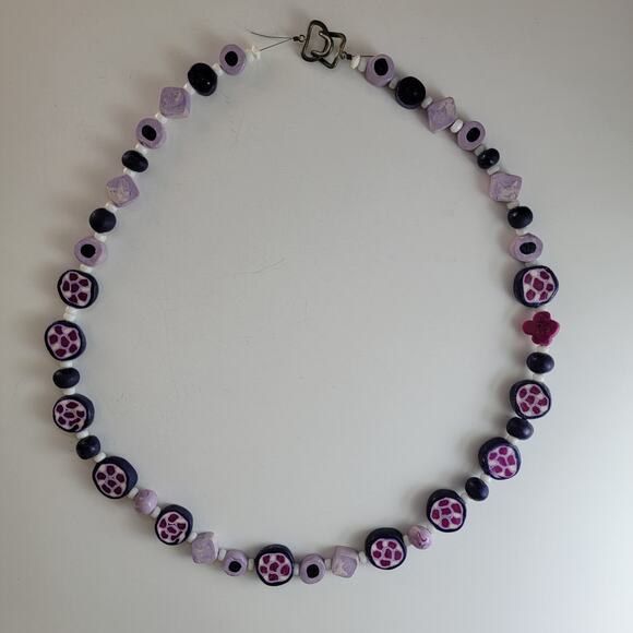 Vintage 1970s Millefiori Glass Bead Necklace 30 Inch Purple Pink Boho Jewelry - Picture 1 of 10